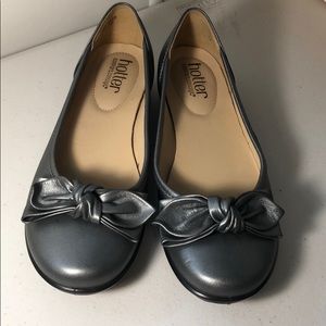 Hotter Slip on ballet style dark silver bow shoe